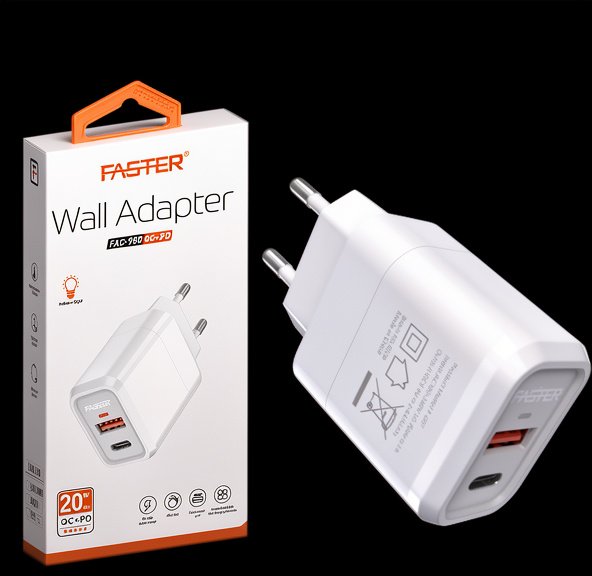 FASTER FAC-950 QC+PD Dual Port Fast Wall Charger 20W