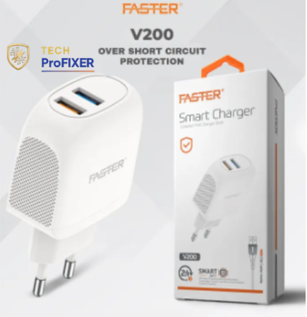 Faster Charger V200 – 2.4A Fast Charging Adapter, Compact Design, Over Temperature &amp;amp; Over Current Pr
