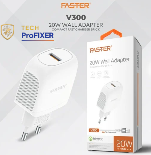 FASTER V300 20W Wall Adapter Fast Charger with 1 Meter Cable – Qualcomm Quick Charge 3.0, Compact Ch