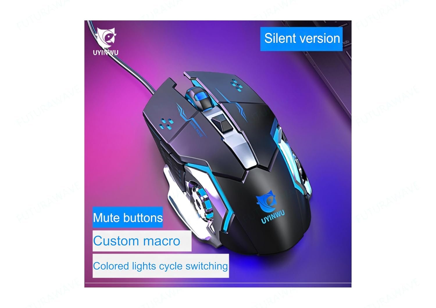 UYINWU UG12 Gaming Mouse with 7 Buttons, Adjustable DPI, Silent Click Buttons, 4 Color Respirator Li