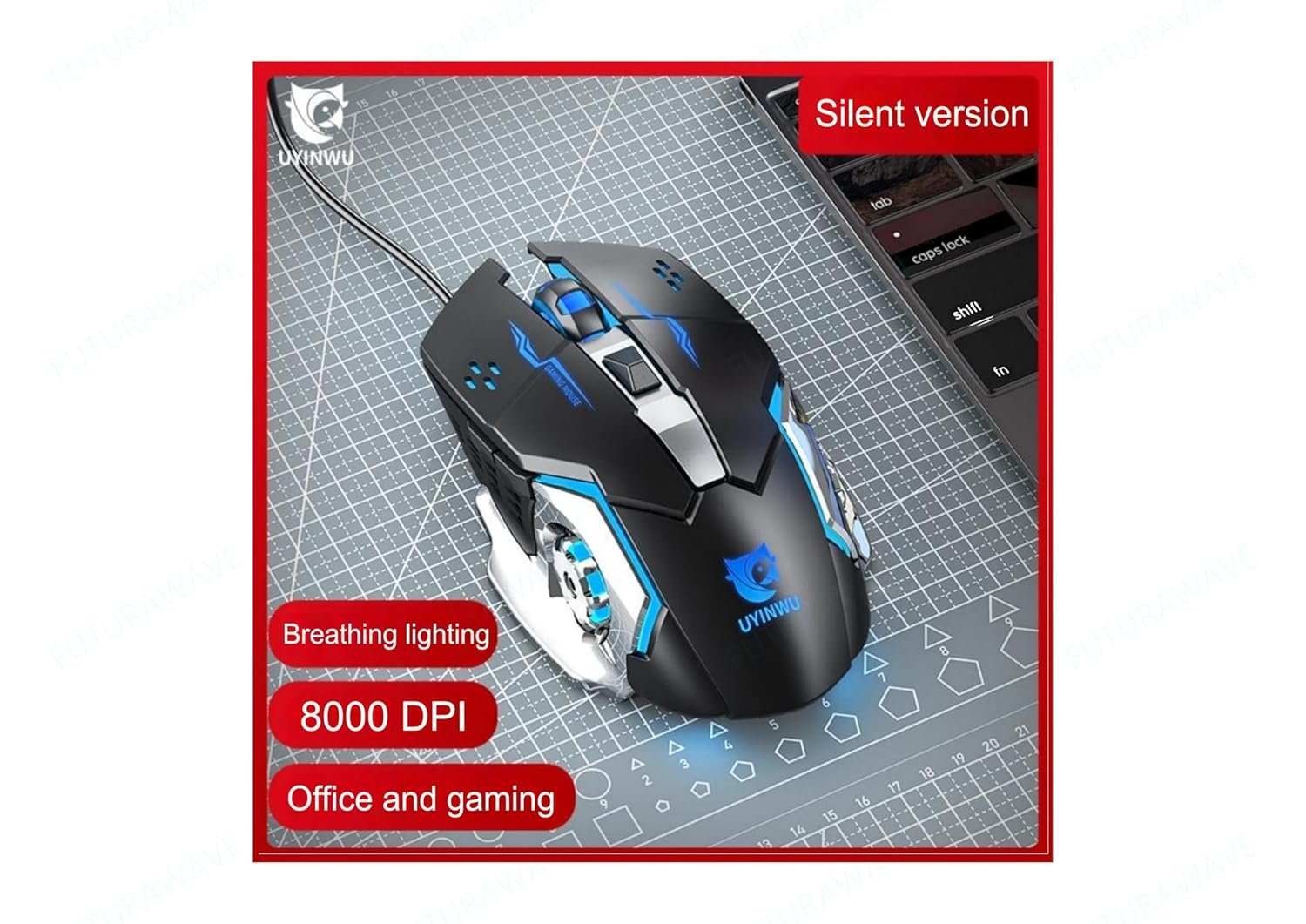 UYINWU UG12 Gaming Mouse with 7 Buttons, Adjustable DPI, Silent Click Buttons, 4 Color Respirator Li