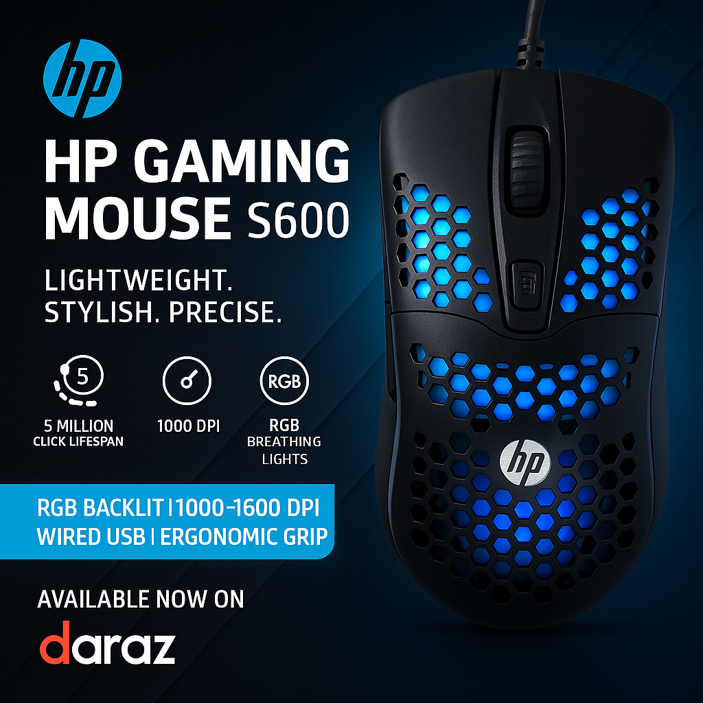 H/P Lightweight Gaming Mouse HP S600, Wired USB PC Gaming Mice, RGB Chroma LED Light, 1600 DPI Adjus
